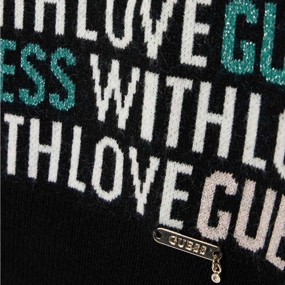 Guess Sweater Dress Logo Spell Out Black White Green With Glitter Sz 14 - Picture 6 of 9